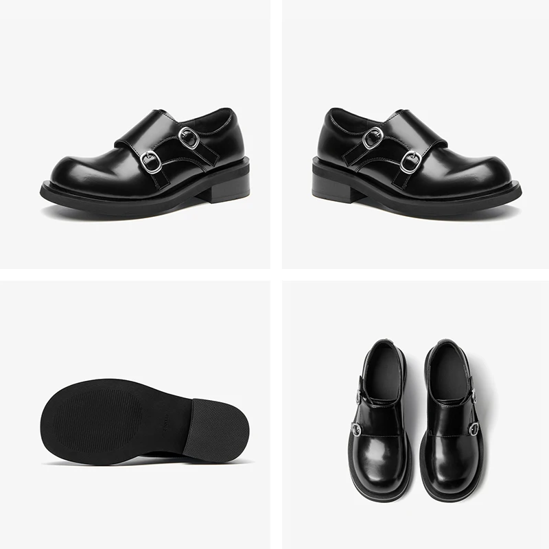 BEAUTODAY Flats Mengke Women Buckle Belt Genuine Leather Round Toe Large Head Ladies British Style Shoes 27937
