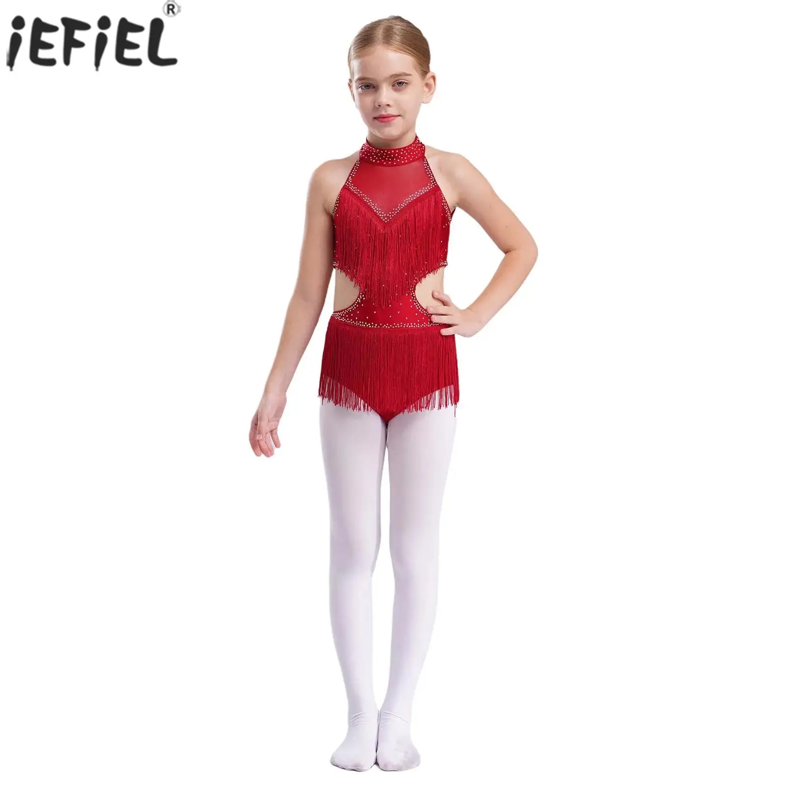 Kids Girls Latin Dance Costume Rhinestones Sleeveless Cutout Tassels Leotard Figure Skating Cha-Cha Tango Ballroom Dancewear