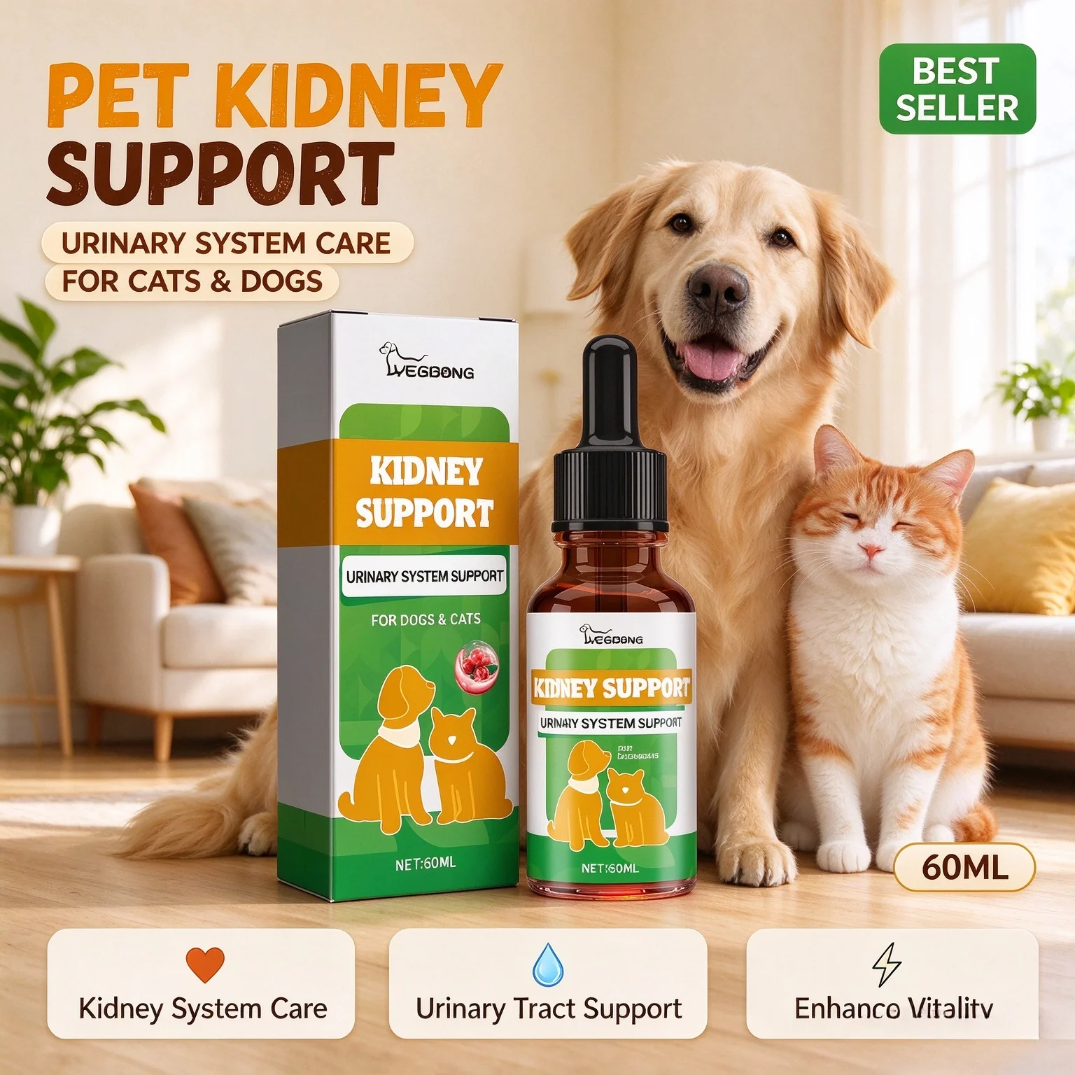Pet Kidney Drops Urinary Tract Care Kidney Support Supplement for Cats Enhance Vitality Kidney Stone Care Pet Health Liquid 60ml