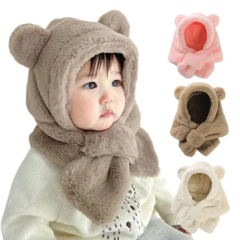 

Winter Baby Soft Plush Hat Scarf One Piece Faux Fur Kids Hats Cartoon Bear Warm Neck Ear Cap for Boys Girls Windproof Beanies