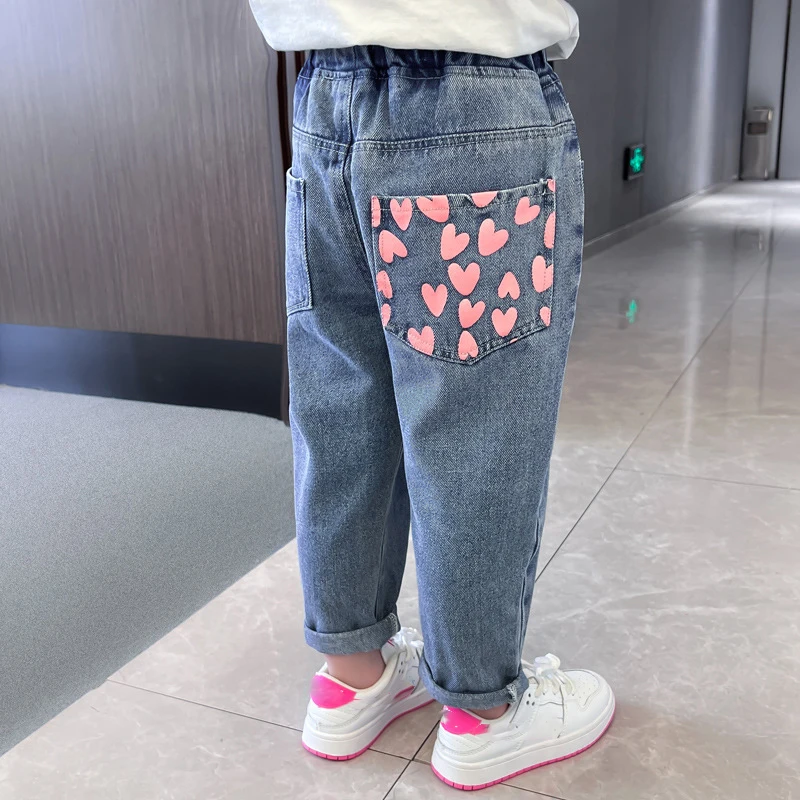 Children's Jeans Autumn New Baby Girls' Love Printed Loose Wide Leg Pants Korean Casual Versatile Denim Trousers 2-7Years Old