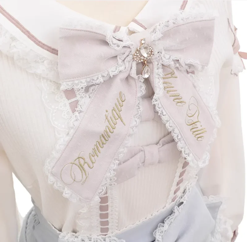 Sweet Japanese Liz Top Mine Mass-produced Knitted Shirt Embroidered Bow Color Matching Knittwear  Tshirt Top Girl Blouse
