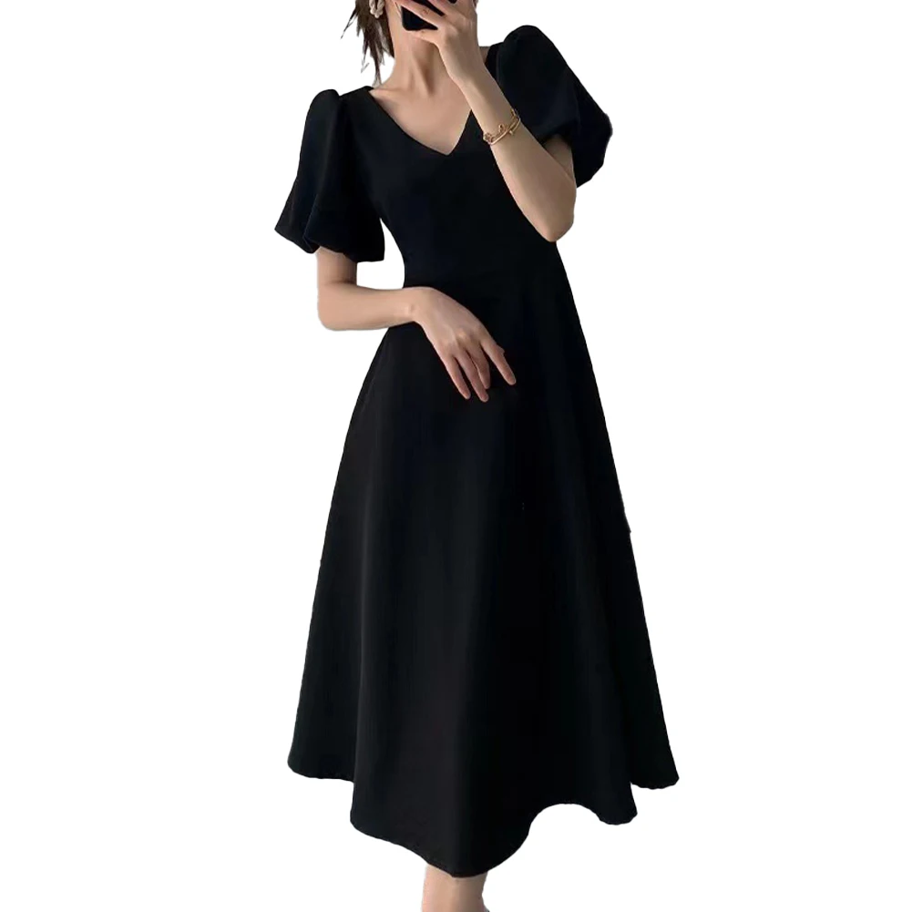المرأة الفرنسية V الرقبة نفخة الأكمام ضئيلة تناسب تنورة طويلة ، فستان أنيق
