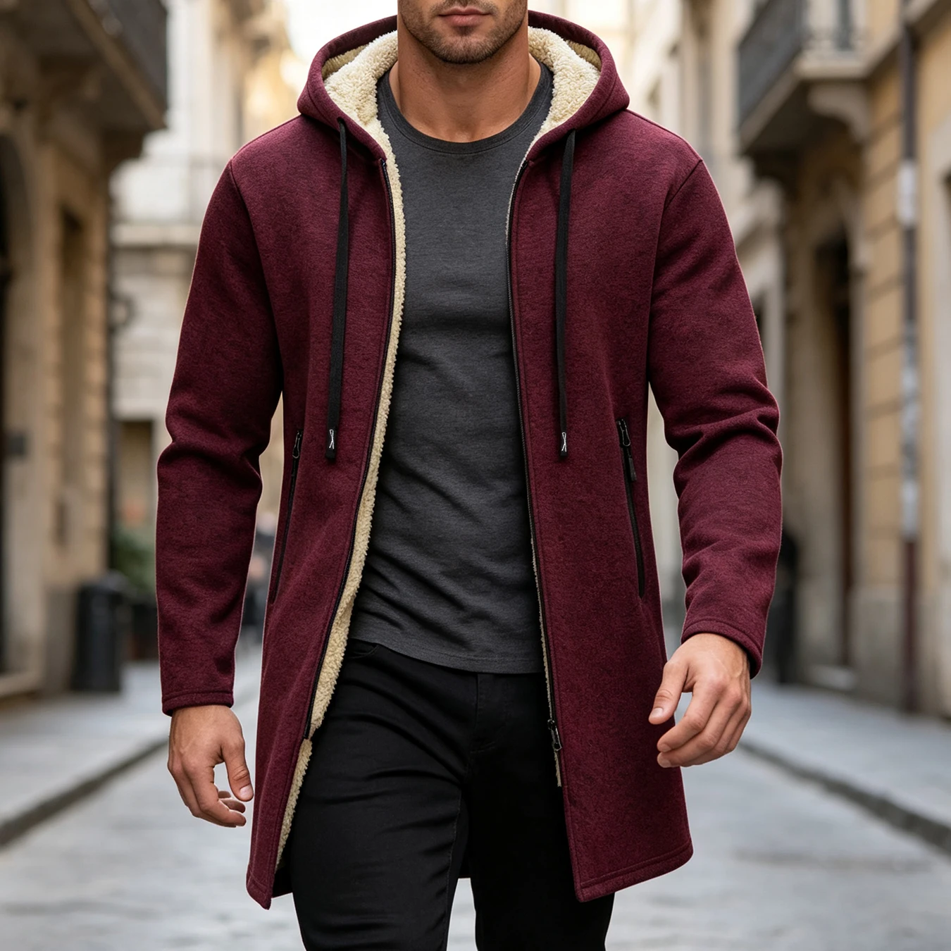 Men Mid Length Hooded Overcoat Full Zip Drawstring Warm Lined Jacket Zipper Pocket Daily Winter Casual Outer Coat