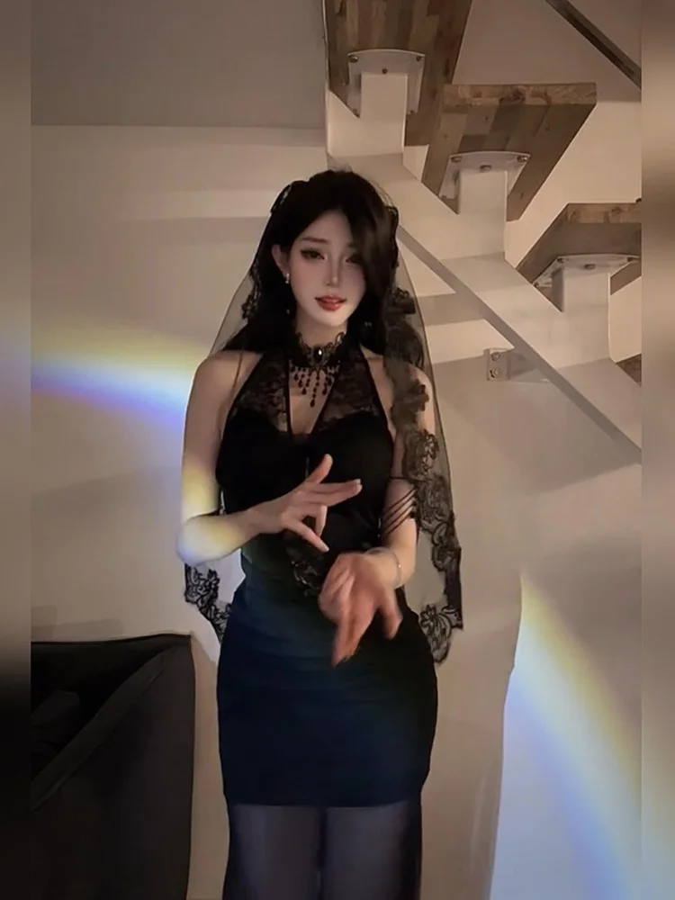 فستان أسود مثير من الدانتيل الشفاف برقبة معلقة، زي هالوين، مقاس كبير، تنورة ضيقة على شكل ذيل حورية البحر، فستان طويل بخصر مرتفع