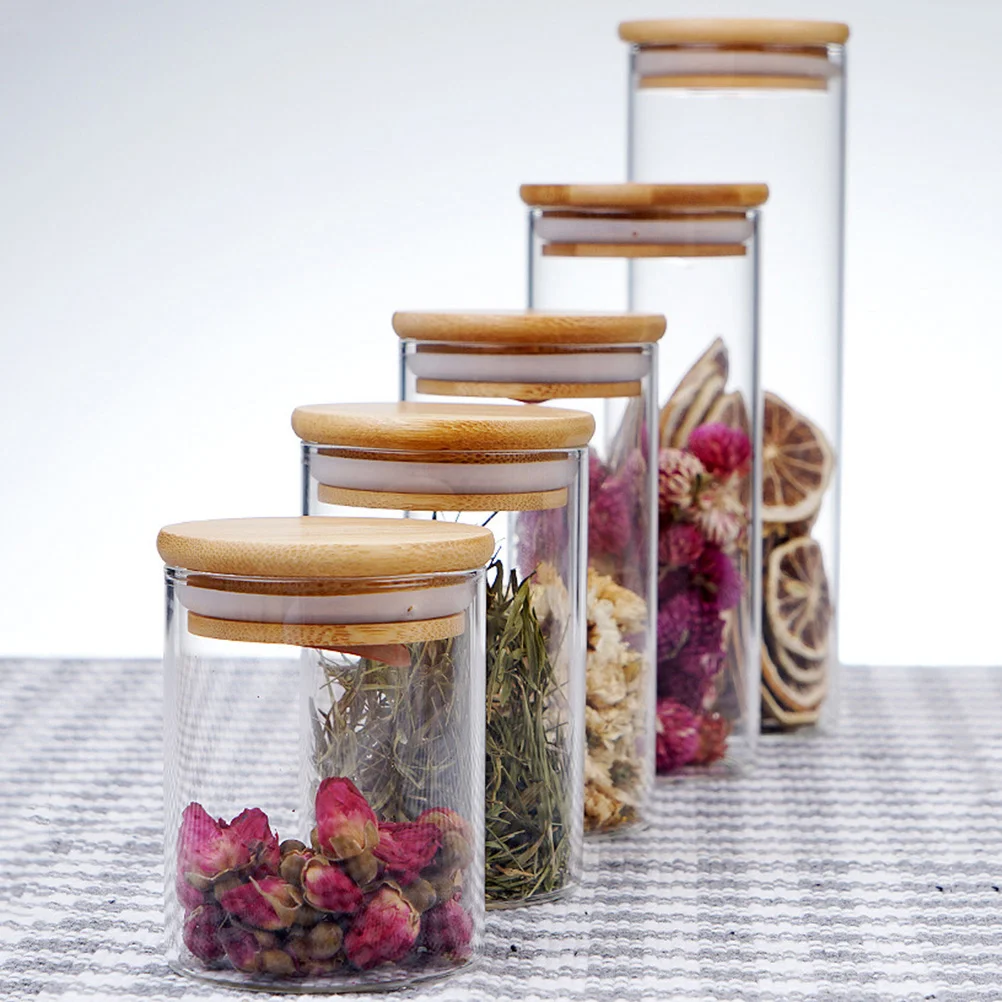 Hemoton Glass Kitchen Canisters Airtight Bamboo Lid Glass Storage Candy Jars With Lidss Kitchen Organization