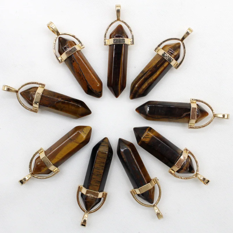 24/Pcs High Quality Natural Stone Crystal Pendant Agate Tiger Eye Hexagon Pendant Suitable for DIY Necklace Jewelry Accessories