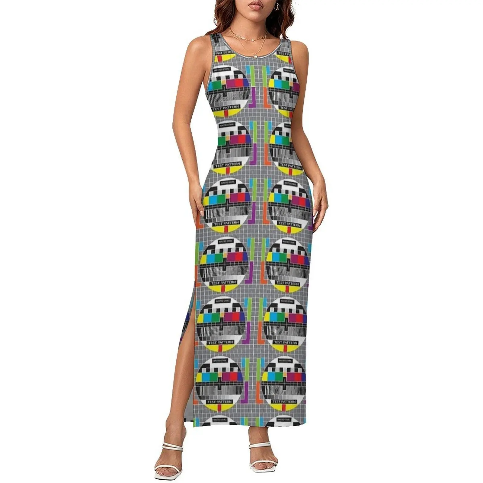 Classic Test Card Print Dress Sleeveless  Club Sexy Maxi Dresses Summer Korean Fashion Custom Bodycon Dress Large Size