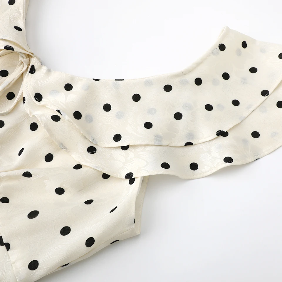 Ele High Waist A-Line Dr with Polka Dot Print Sa V-Ne ort Sve Midi Dr Satin Fabric Summer Faion 2025