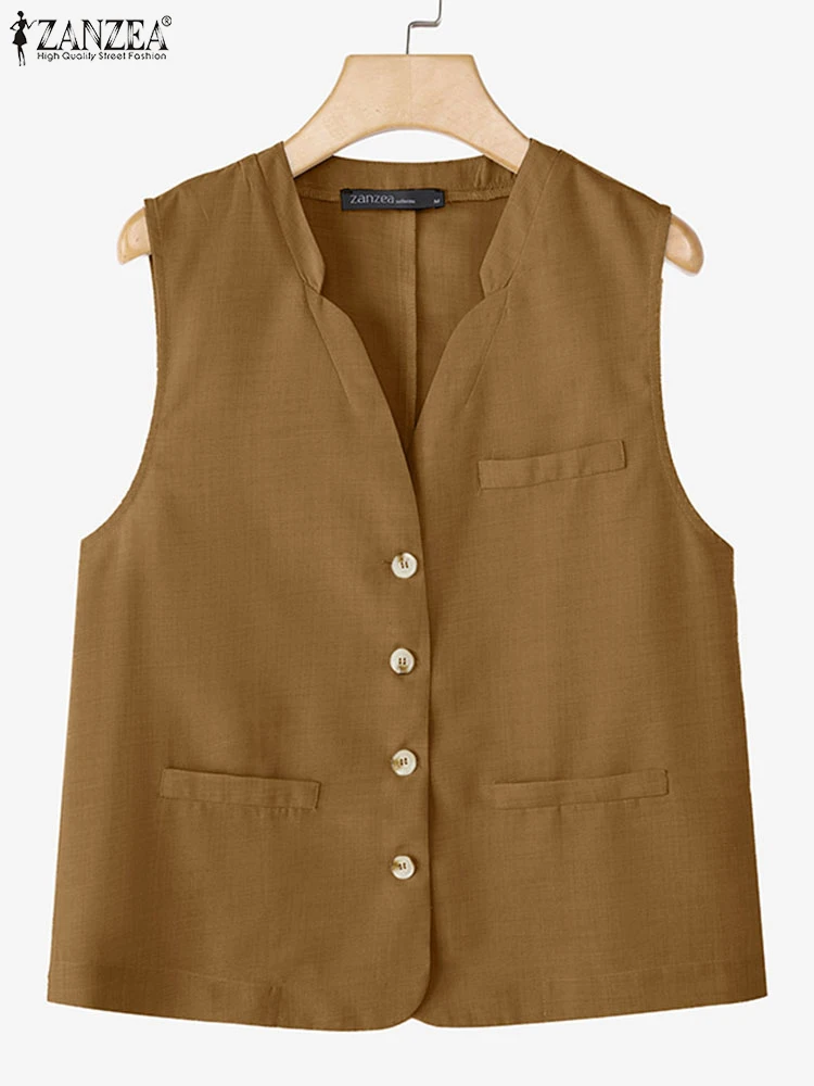

ZANZEA Plus Size Women Vests 2025 Summer Sleeveless V-Neck Tops Casual Tees Solid Loose Fashion Pockets Korean Shirts Camis 5XL