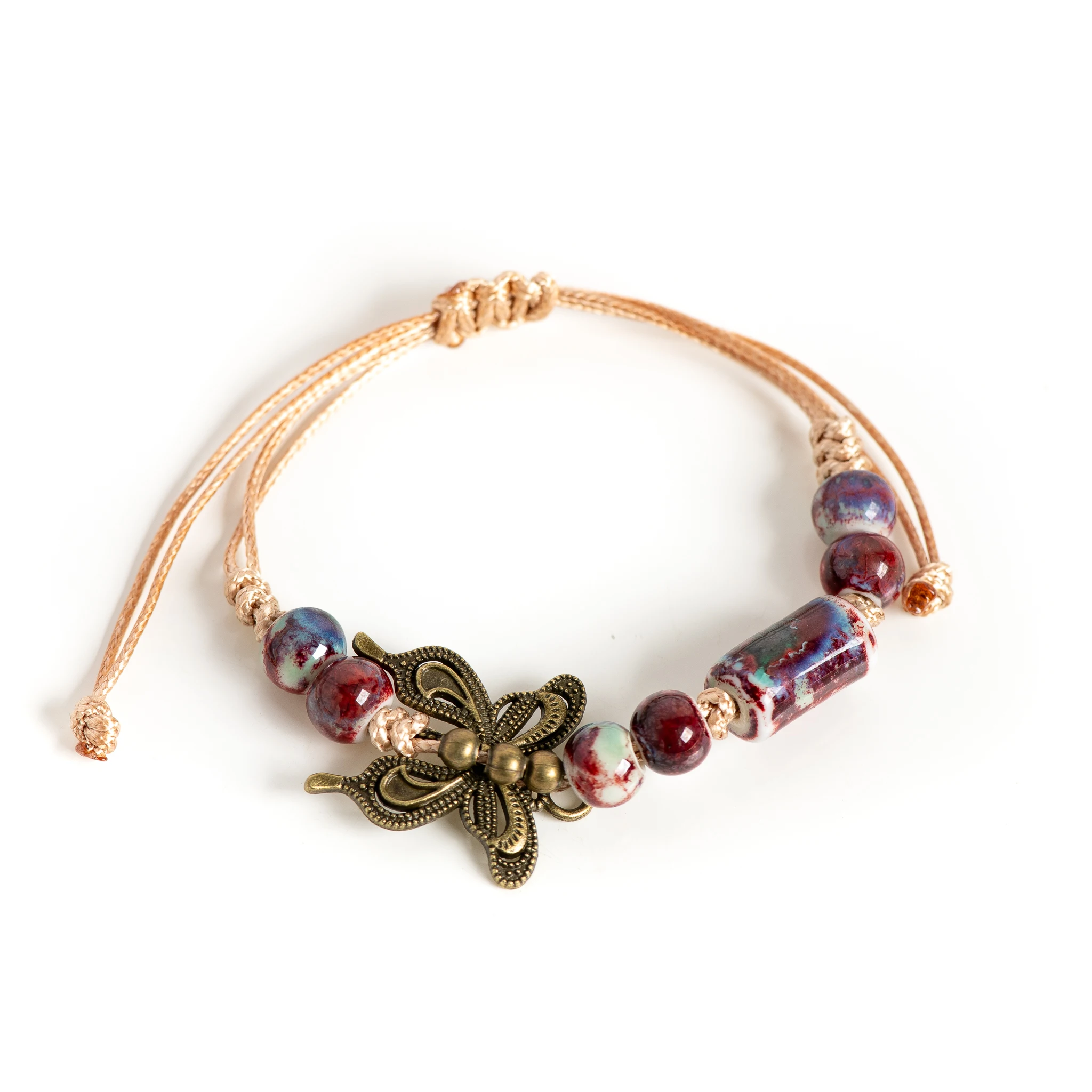 Handmade Multicolor Ceramic Bead Bracelet with Butterfly Charm Adjustable 15-25cm