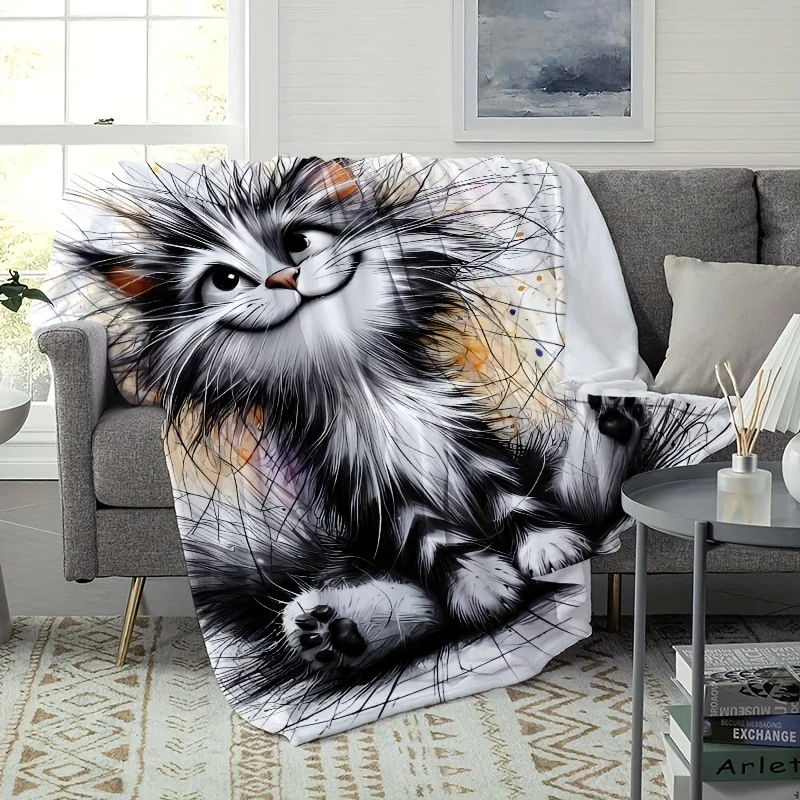 Stylish All-Season Long-Haired Cat Flannel Blanket – Multi-Use for Sofa, Naps & Travel – Perfect Gift for Loved Ones