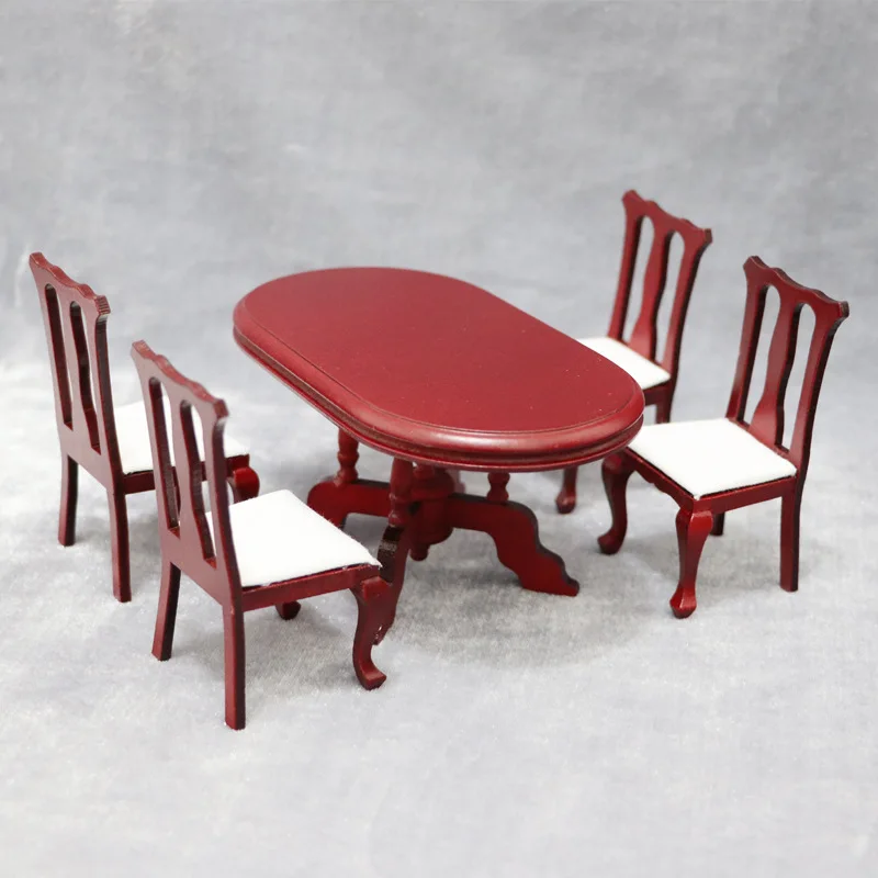 Meubles miniatures pour maison de poupée, échelle 1:12, ensemble de Table à manger et chaises en bois rouge rétro européen Vintage pour décoration de Micro scène