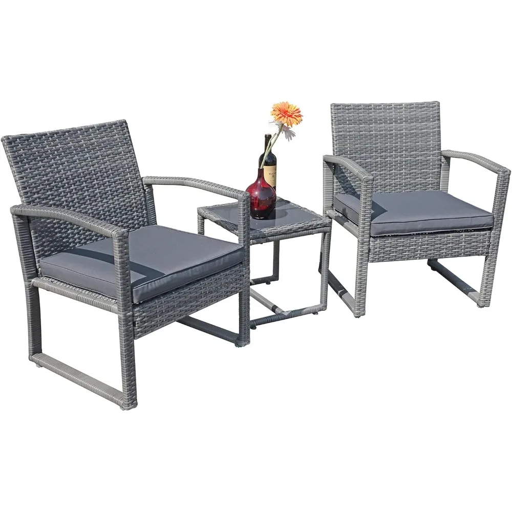 3 Piece Outdoor Patio Furniture Conversation Set, Rattan Chair Set With Coffee Table, For Garden, Balcony, Backyard.