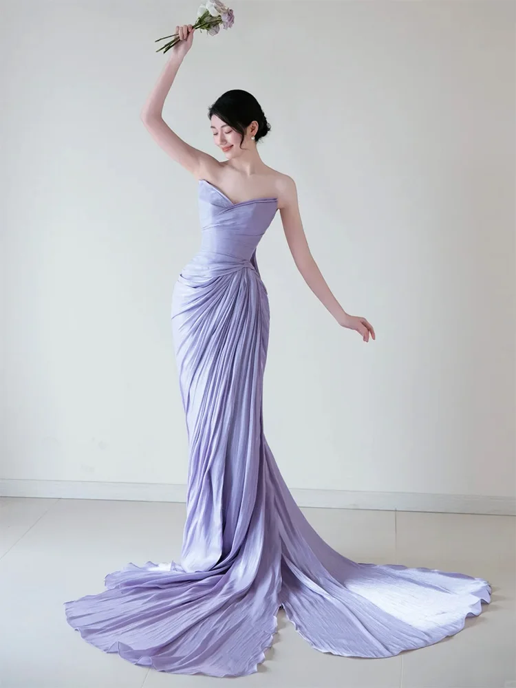 

Bridemaid Gown oulderl Satin Wedding Dr Fi Tail Korean Sle mid Waist Long Skirt No Sve KTV Par Performance D...