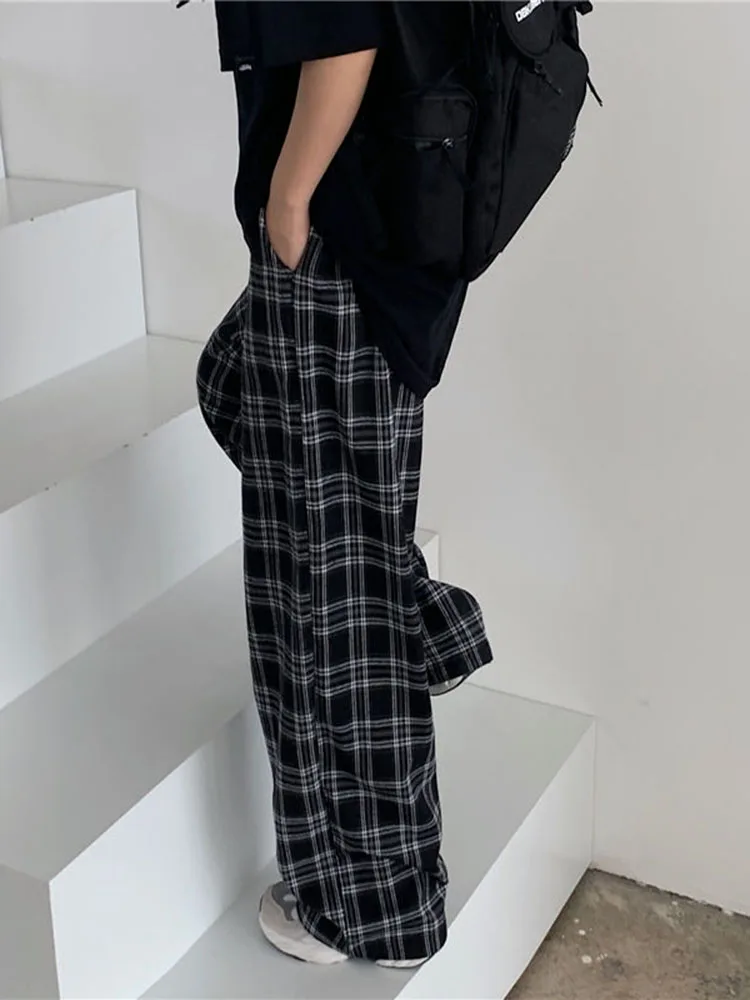 Jmrs Vintage Plaid donna pantaloni elastico in vita Casual allentato estate pantaloni Oversize nero Harajuku blu pantaloni femminili nuovo