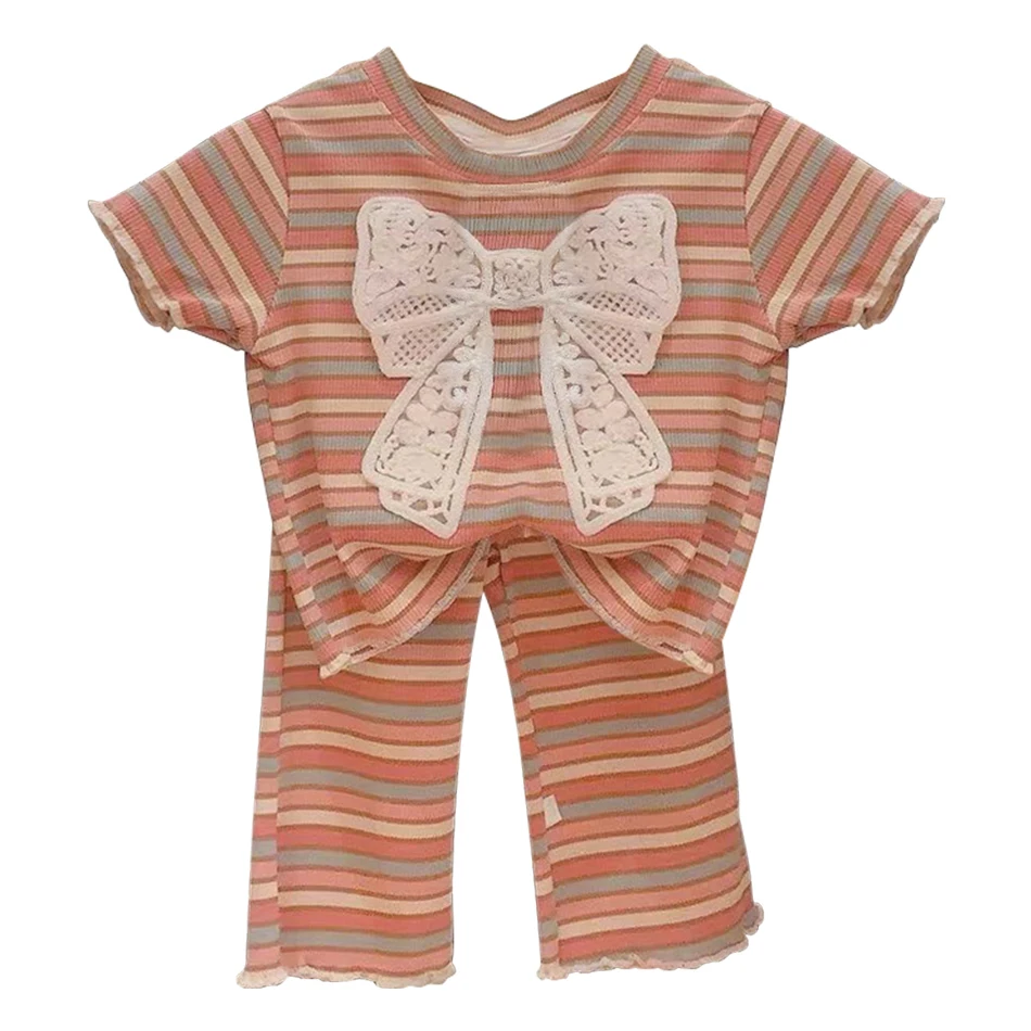 

Расклешенные брюки для девочек, комплект детских полосатых топов с принтом, футболка с большим бантом, летняя одежда для малышей, милая детская одежда из 2 предметов