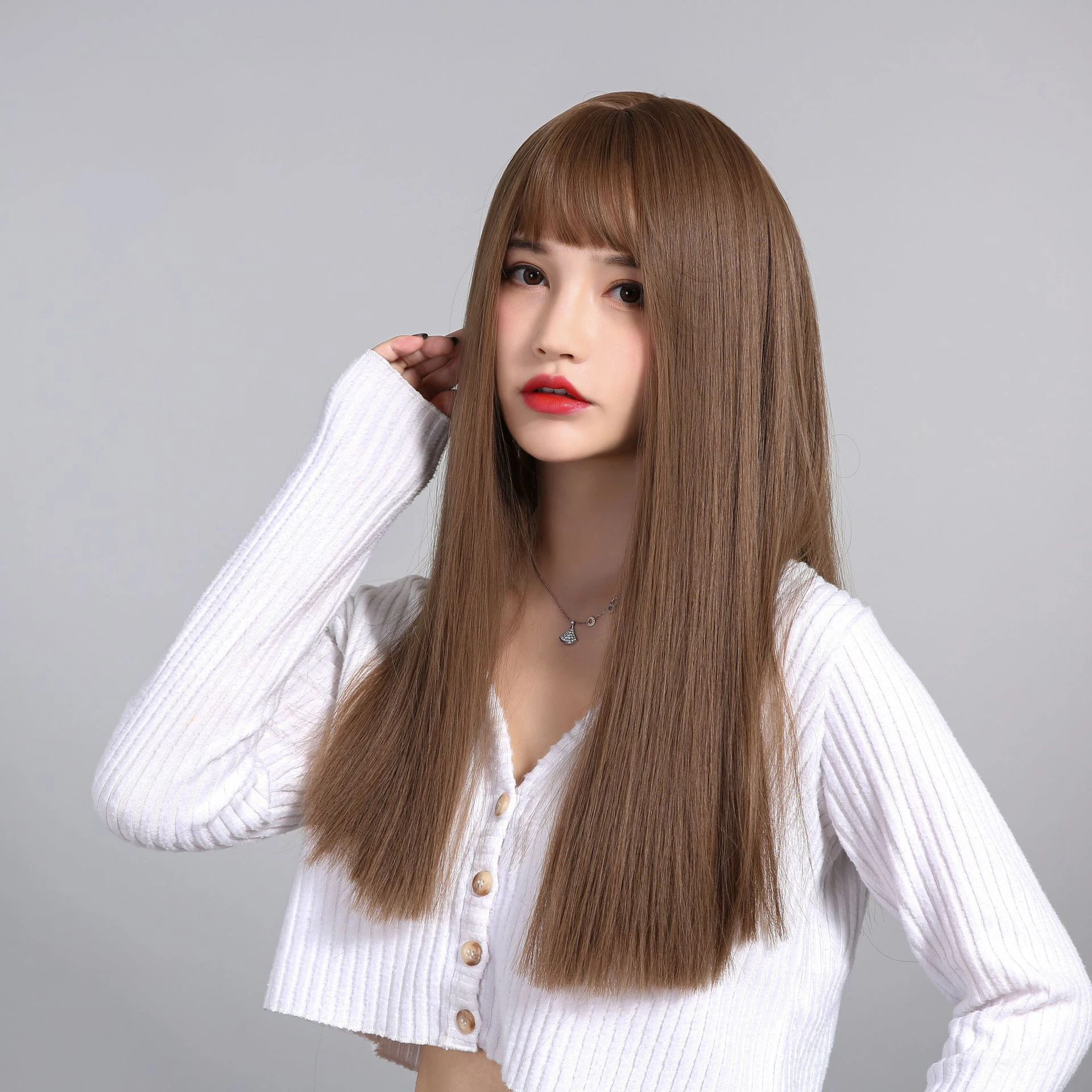 Brown Wig with Bang for Women Long Straight Black Wig Synthetic Hair for Girl Cosplay and Daily Use Boymia for Woman Daily Party