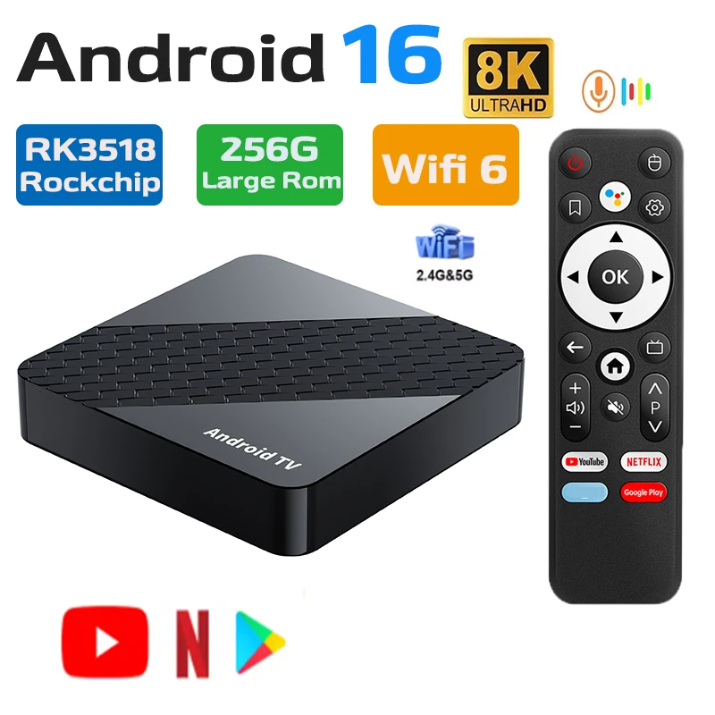 

Set Top Box X10 Android 16.0 TV Box Rockchip RK3518 4K 2.4G 5G двухдиапазонный Wi-Fi 6 256 ГБ большой Rom BT5.4 8K Global Media Player