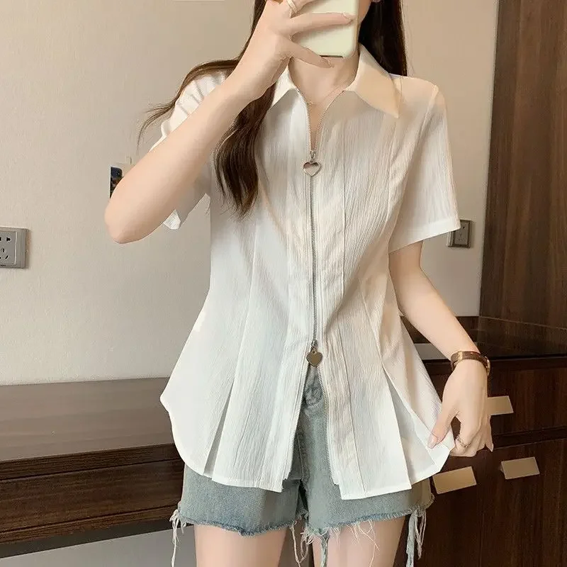 

High Street Love Zipper Short Sleeve Polo-neck Unique Shirt Coat for Women's Summer Korean Version Commuting Casual T-shirt Top