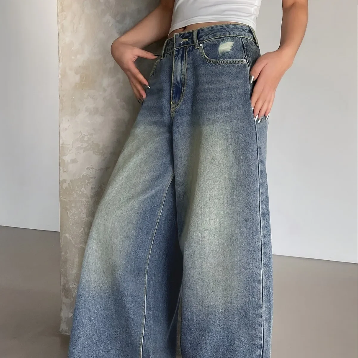 Jeans Frauen Denim Hosen Breites Bein Lange Hose Beiläufige Lose Hohe Taille Streetwear Elegante Maxi Gerade Hosen Hohe Taille Jeans