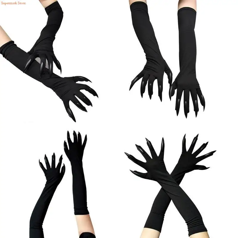 Q5WE Stretchy Halloween Gloves Long Finger Sleeves Cosplay Elbow Length Gloves Stretchy Claw Sleeves Party Costume