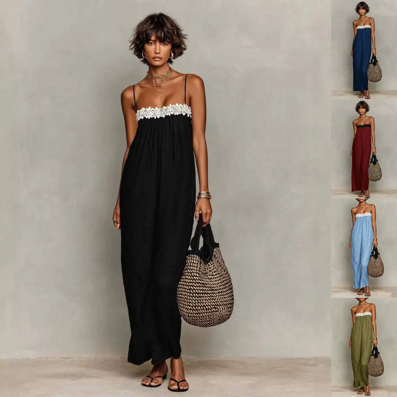 Women's Sleeveless Loose Waist Solid Color 2026 Women's Summer New Lace Splicing Casual European and American Strap Dress