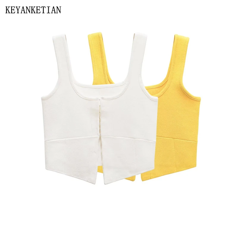 

KEYANKETIAN 2025 летний новый женский вязаный жилет на пуговицах в американском стиле ретро с квадратным воротником без рукавов, вязаный топ на бретельках