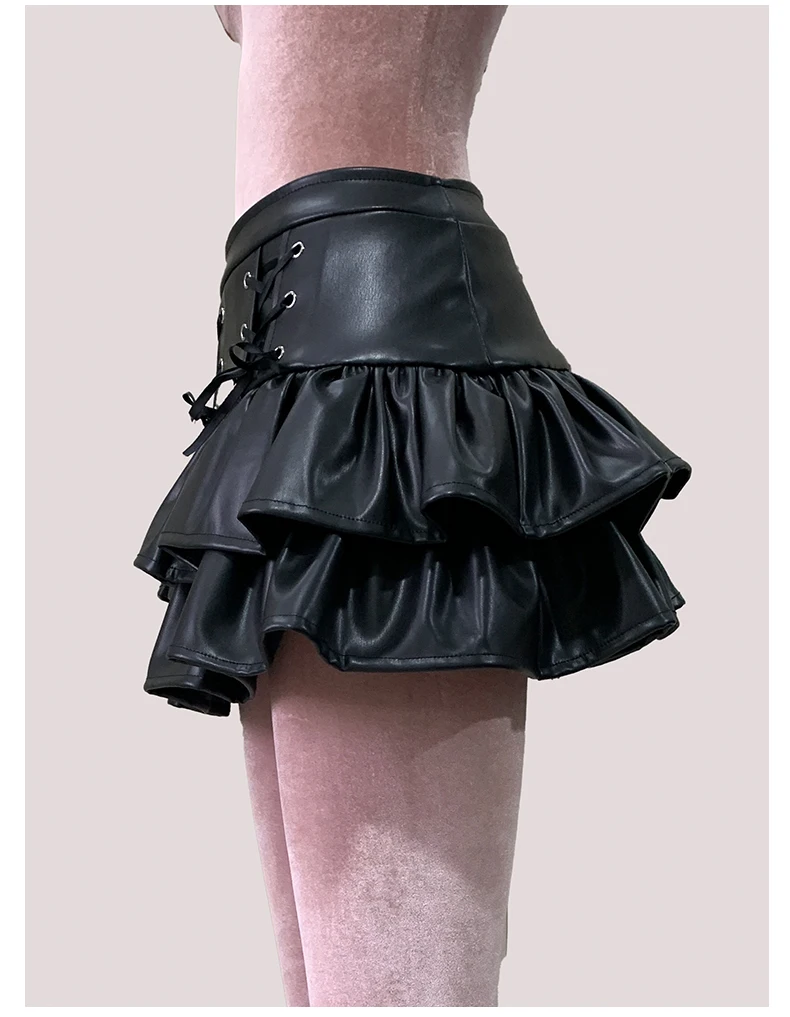 Nerazzurri Summer Autumn Soft Black Pu Leather Mini Tiered Pleated Skirt Women Lace Up Short Luxury Designer Punk Style Clothes