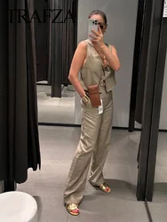 TRAFZA 2024 Fashion Women Solid Side Lace Up Khaki V-Neck Sleeveless Vest Top+Pocket Loose High Waist Long Pant 2-częściowy zestaw