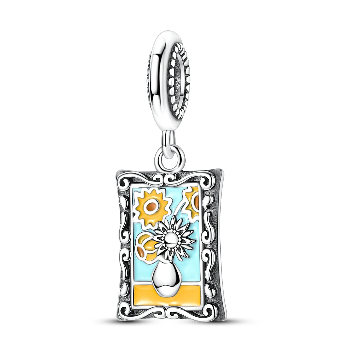 

925 Sterling Silver Sunflower Charms Bead Oil Painting Dangle Fit Original Bracelet DIY Women Jewelry
