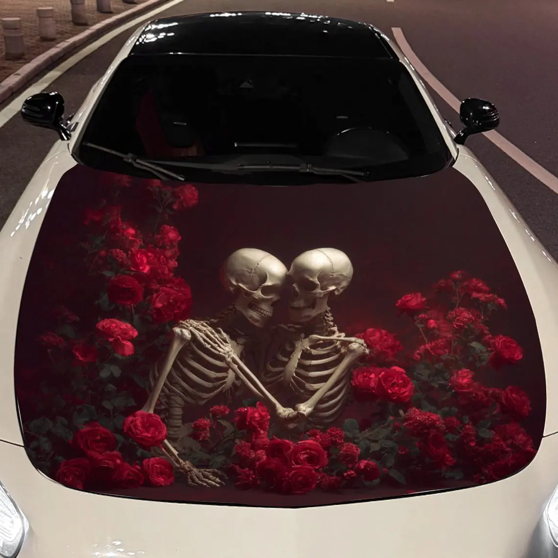Car Decals Romantic Skeleton Pair Amid Red RosesCar Hood Sticker, Waterproof Self - Adhesive Vinyl Graphics Decals, Decorative P