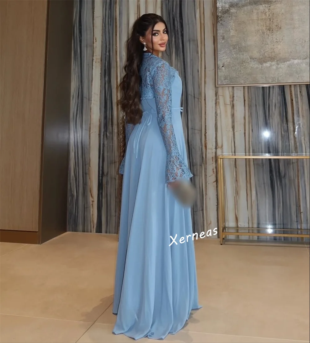 Maßgeschneiderte Chiffon-Spitzenschal mit langen Ärmeln, A-Linie, lange Kleider, maßgeschneiderter Anlass, Frau, elegante Party, Hochzeit, formeller Abend