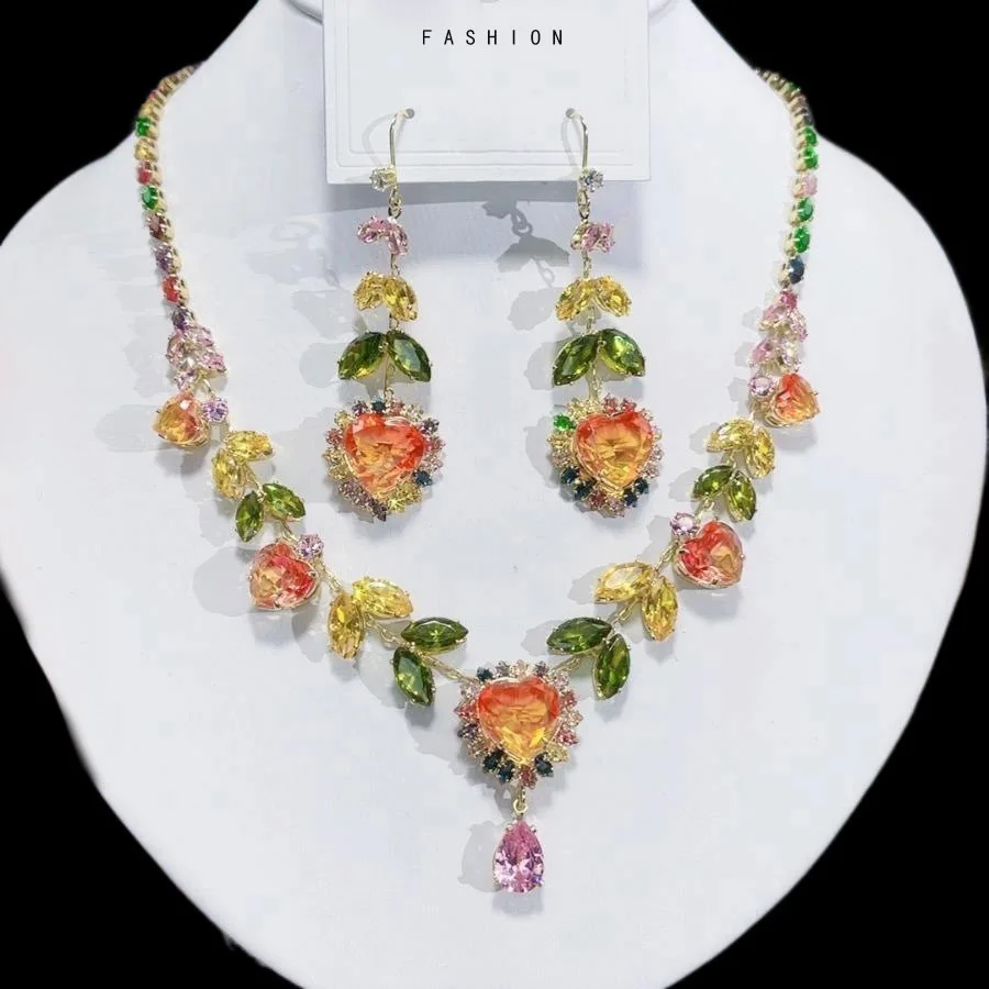 Women Rainbow Gemstone Necklace 18K Gold Plated Waterdrop Zirconia Earrings 2024