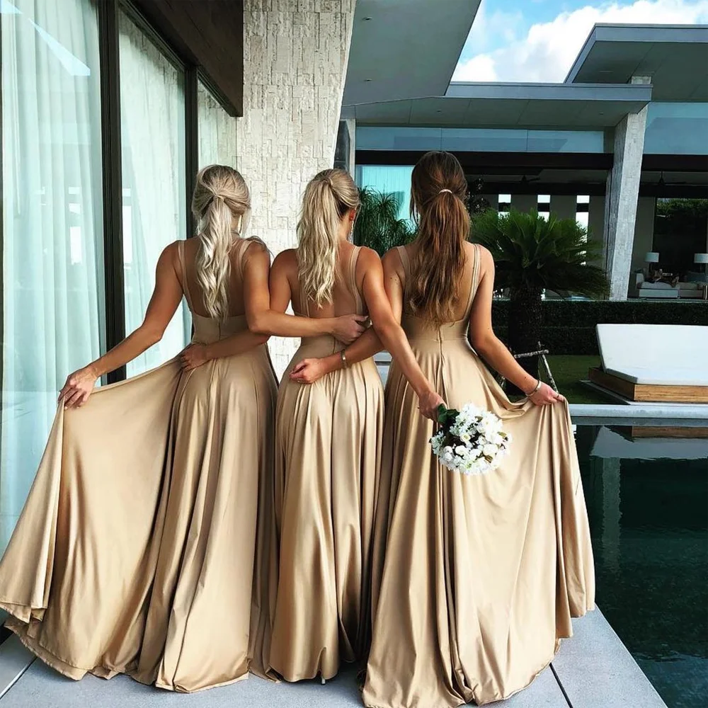 Gold V NeckBridesmaid Dresses Women Sister Group High Split A Line Elegant Formal Wedding Party Evening Gowns Vestido De Festa