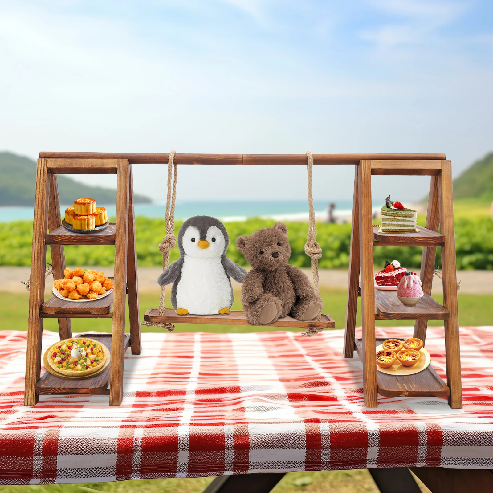 

3-Tier Wooden Serving Tray, Foldable Wood Dessert Stand, Cake Snack Fruit Chips Bread Centerpieces Party Food Display Set