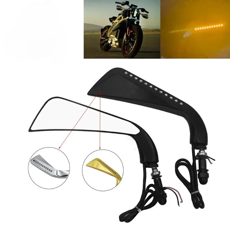 Motorcycle Rearview Side Mirrors with LED Flowing Water Blinker Turn Signals Lights Indicator For Harley Road King Street，New