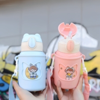 450ml Kids Stainless Steel Straw Thermos Mug With Cartoon Stickers Student Portable Thermal Water Bottle Children Insulated Cup