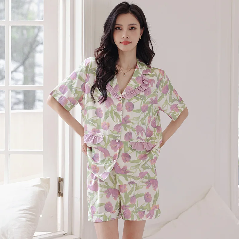 Summer New Printed Lapel Satin Home Clothes Fashion Outside Short-Sleeved Cardigan Pantsuit Women's Thin Style Ice Silk Pajamas