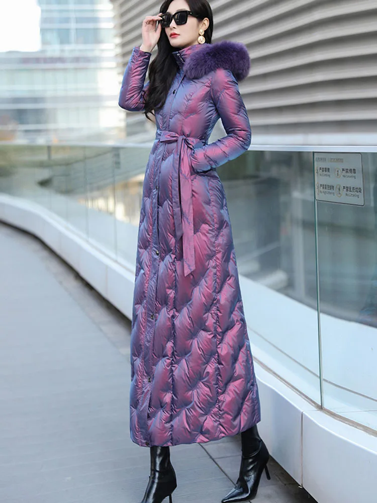 Chaqueta de plumón ultralarga para mujer, abrigo de plumón de pato blanco y morado brillante, de lujo, de gama alta, con cuello de piel auténtica,