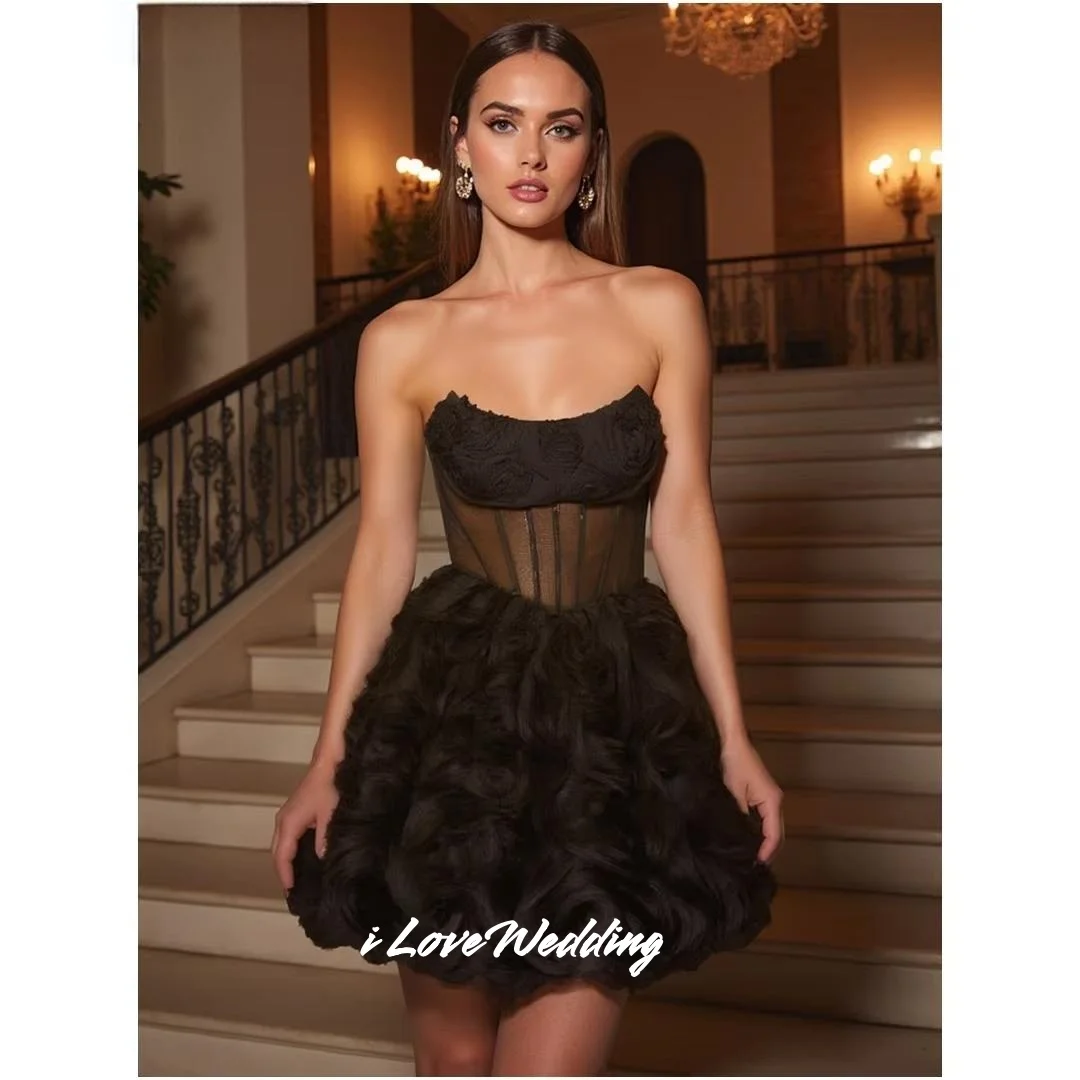 Black 3D Flowers Mini Skirt Strapless Homecoming Dresses Sleeveless A-Line Birthday Party Dress Multi-Layered Pleated Customized