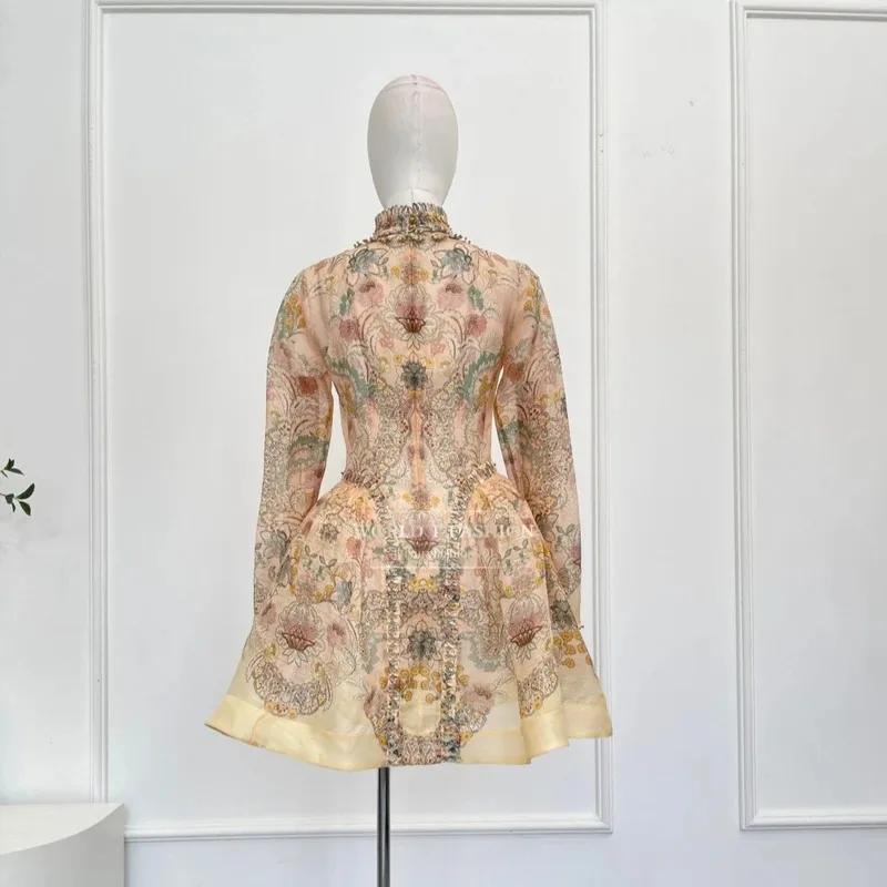 Damska sukienka jedwabna w kwiatowy wzór, sukienki midi ze stójką, długi rękaw, fioletowa vintage jesień nowość 2025