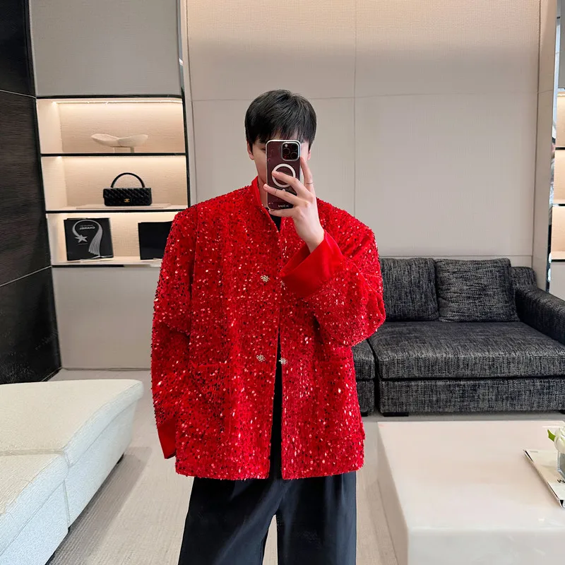 Новый китайский мужской костюм Jaet со сверкающими блестками Zhongan для молодых взрослых, новогоднее помолвочное красное пальто в стиле вестерн Sle