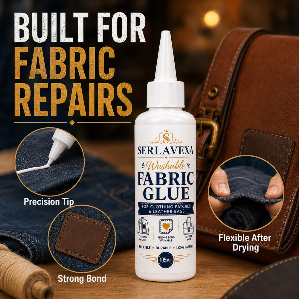 SERLAVEXA Washable Fabric Glue Permanent Strong Liquid Leather Adhesive Glue for Clothing Patches DIY Denim Repair Sealant 105ml