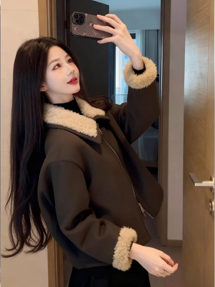 Korean Sle ort Fur Leather Jaet Women's Thiened Lamb Fur Warmth Outerwear Stand Collar Zipper Straight Hemline