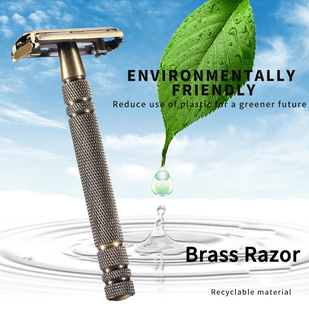 YINTAL 真鍮安全カミソリ 男性用、両刃ひげと口ひげシェービング、滑り止め拡張ハンドル、ユニバーサルブレード Compati 付き