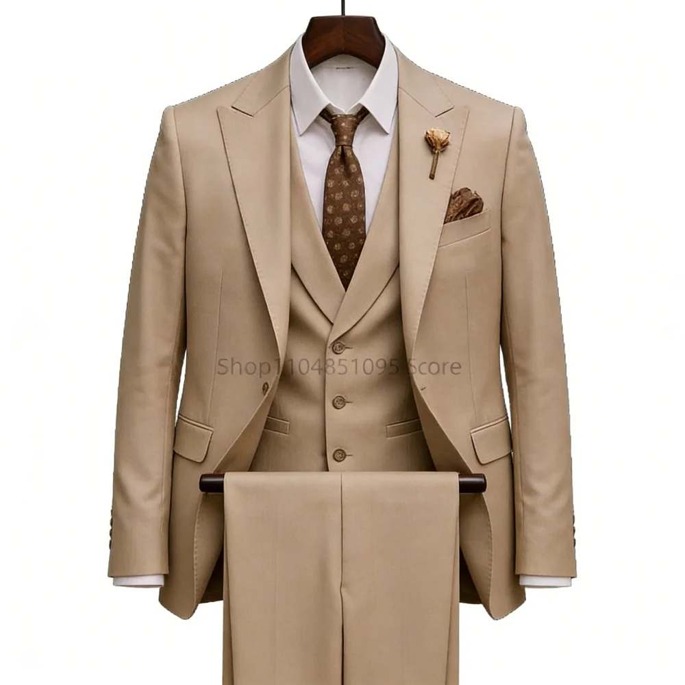 

Высококачественный мужской костюм-тройка цвета хаки с острым лацканом, приталенный, элегантный, для свадьбы, деловых встреч и торжеств, комплект из пиджака, жилета и брюк