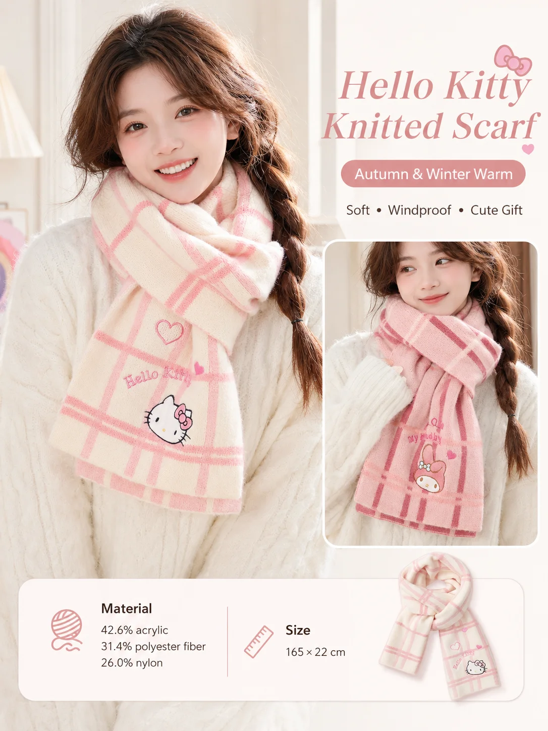 2026Autumn Winter Trendy Plaid Knitted Scarf Student Teen Girl Dating Casual Outdoor Daily Commute Scarf Christmas New Year Gift