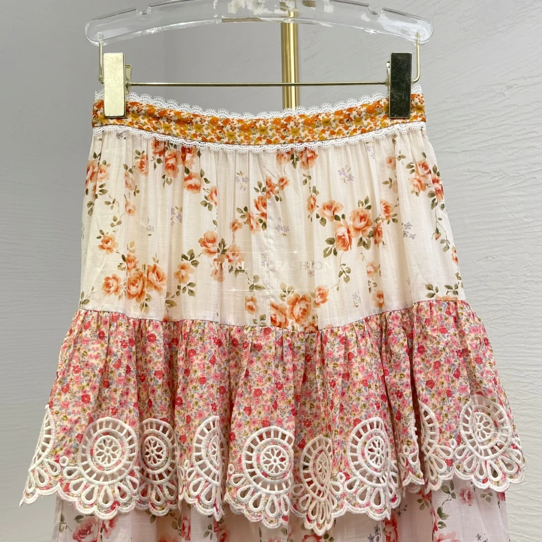 

2025 Fashion Pink Floral Print Embroidery Cascading Layered Ruffles Frilled Midi Skirt for Women