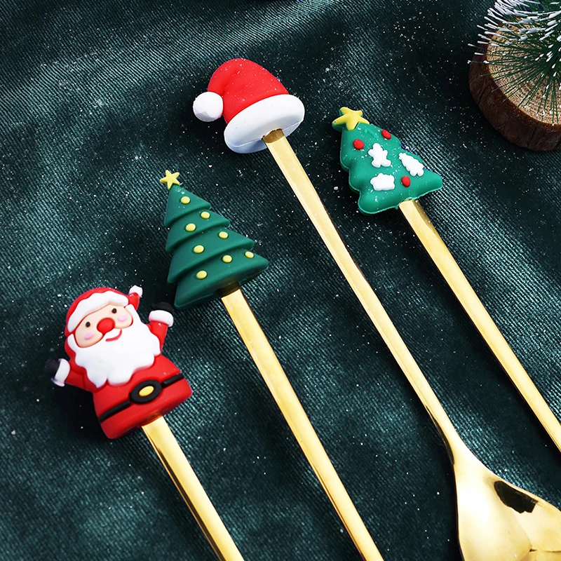 4PCS Christmas Spoon Fork Set Stainless Steel Santa Christmas Tree Shaped Decor Tableware for Home Dinner Christmas Spoons
